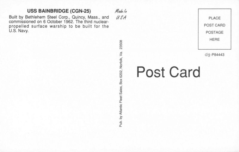 Postcard USS Bainbridge CGN-25 Guided Missile Cruiser 