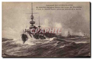 Old Postcard warship Breastplate The Democracy running in rough weather off M...