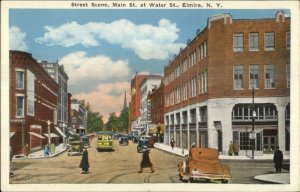 Elmira NY Main St. at Water Cars Trolley c1920 Postcard