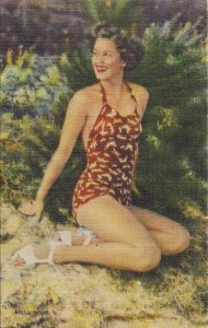 Beautiful Woman in Colorful Swimsuit, Sexy Girl, Short Hair, Shoes, Linen 1930's