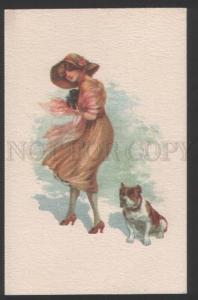 3117971 Lady w/ Toy Terrier & FRENCH BULLDOG Vintage color PC