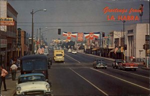 La Habra California CA Delivery Truck Convertible Street Scene Vintage Postcard