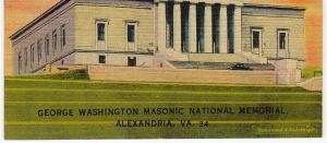 1946 Alexandria VA George Washington Masonic National Memorial Linen Postcard