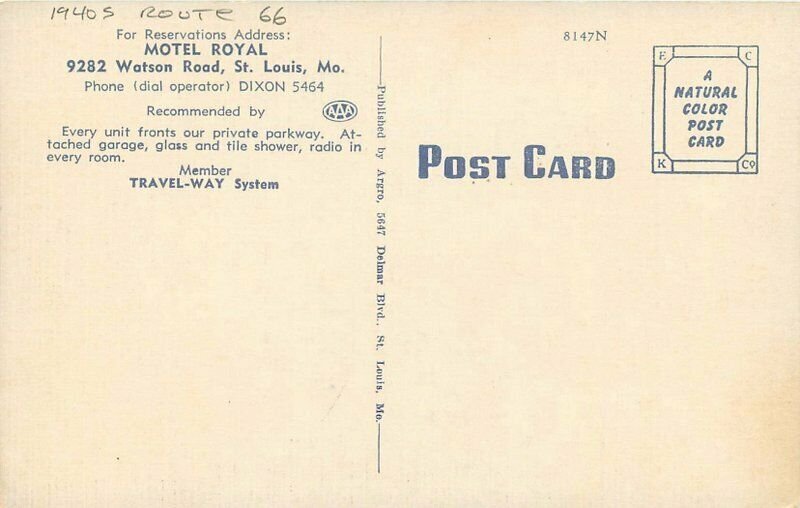 1940s Route 66 Motel Royal roadside St Louis Missouri Postcard 6026