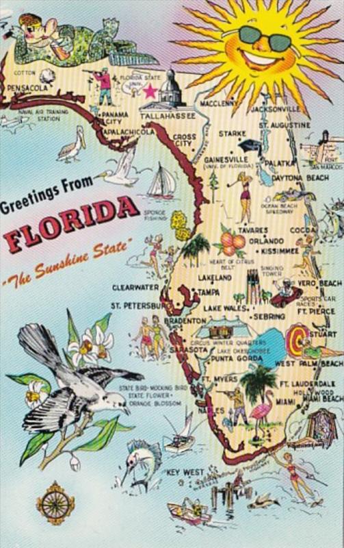 Florida Greetings With Map Of The Sunshine State