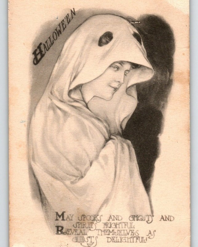 Halloween Postcard May L Farini Women In Cape Ghost Costume 1912 Spooks Spirits