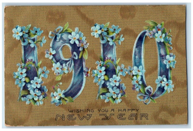 1910 Happy New Year Pansies Flowers Embossed Des Moines Iowa IA Antique Postcard