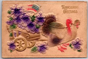 Thanksgiving Greetings Turkey Pulling Cart of Flowers Embossed Postcard