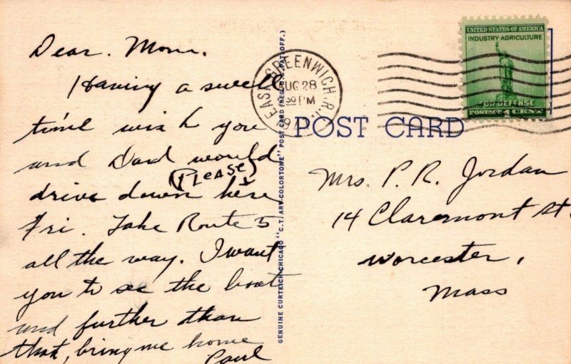 RI, Rhode Island Linen Large Letter Postcard