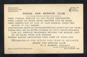 BALTIMORE MARYLAND DODGE CAR SERVICE CLUB MECHANIC GARAGE ADV. POSTCARD