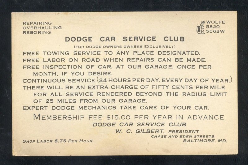 BALTIMORE MARYLAND DODGE CAR SERVICE CLUB MECHANIC GARAGE ADV. POSTCARD