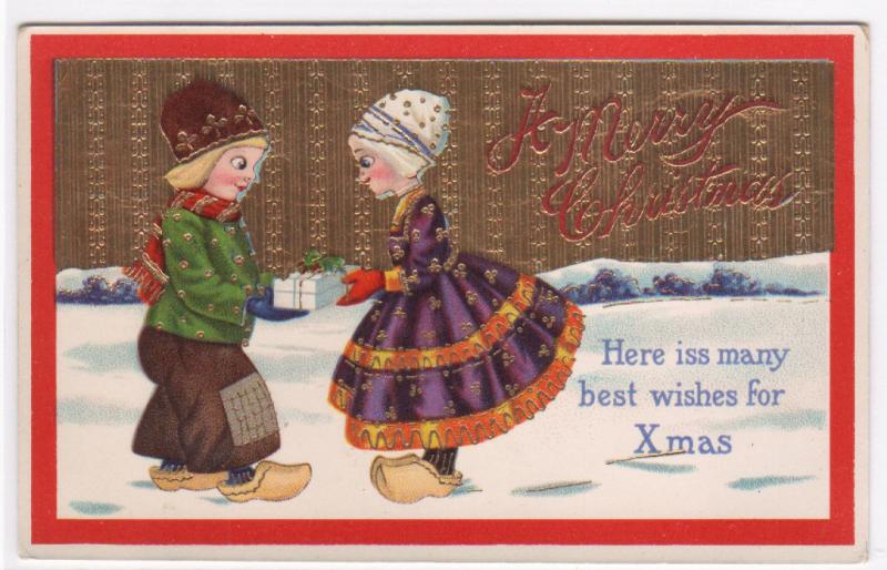 Dutch Kids Merry Christmas gold backed 1915 postcard