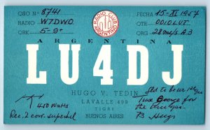 Buenos Aires Argentina Postcard Radio Club Argentino QSL Ham Radio LU4DJ 1957