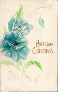 postcard Birthday Greetings  - embossed blue flowers