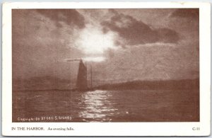 VINTAGE POSTCARD IN THE HARBOR AS EVENING FALLS ALONG THE MAINE COAST 1910s