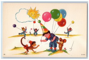 Wolo Signed Postcard Original Painting Boy Balloon Monkey Children Playing