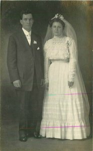 Clara & Woodard Bleedlove C-1910 Newlyweds Bridge Groom RPPC Photo Postcard 7553