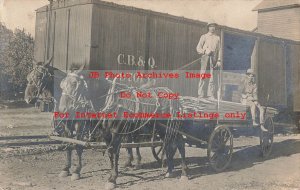 IA, Boone Ellston? Iowa, RPPC, CB & Q Railroad Train, Horse Drawn Wagon of Wood