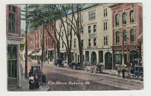 P3601 postcard 1913 old cars horse wagon etc street sceneelm house auburn maine
