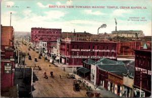 Postcard Birds Eye View Towards Masonic Temple in Cedar Rapids, Iowa