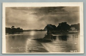 CEDAR FALLS IA MOONLIGHT ON CEDAR RIVER VINTAGE REAL PHOTO POSTCARD RPPC