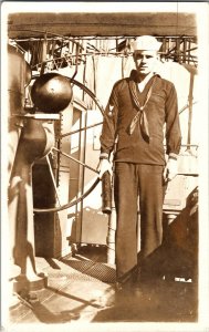 RPPC Real Photo US Navy Sailor Ship Helm Telescope WWI Military KF13