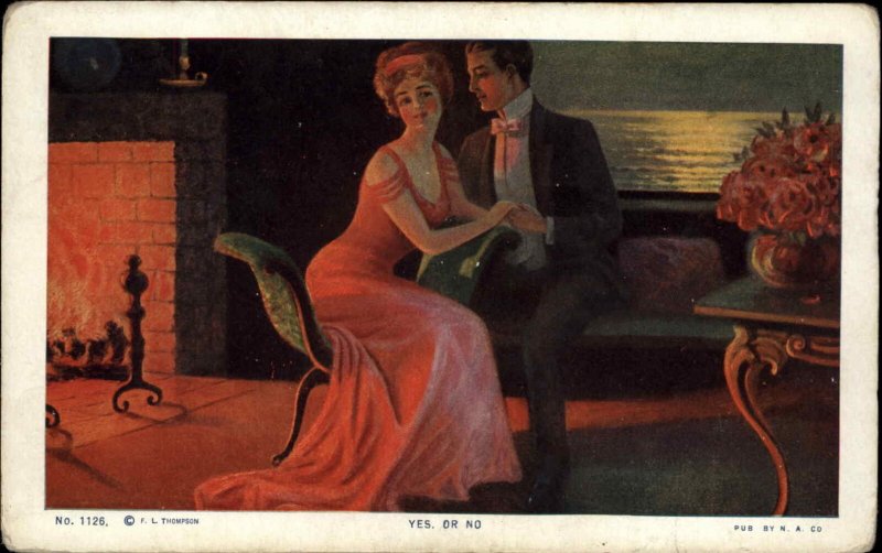 Fashionable Couple Beside Fire Romance c1910 Vintage Postcard