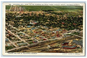 c1930's Cheyenne WY, From The Air Showing Railroad Yards Viaduct Depots Postcard