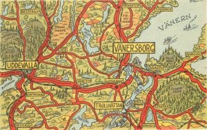 Sweden Map Vanersbog attractions 1950s Postcard 22-9000