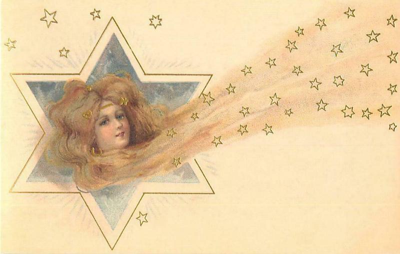 Art Nouveau Woman as Comet Flowing Hair and Stars Repro Postcard