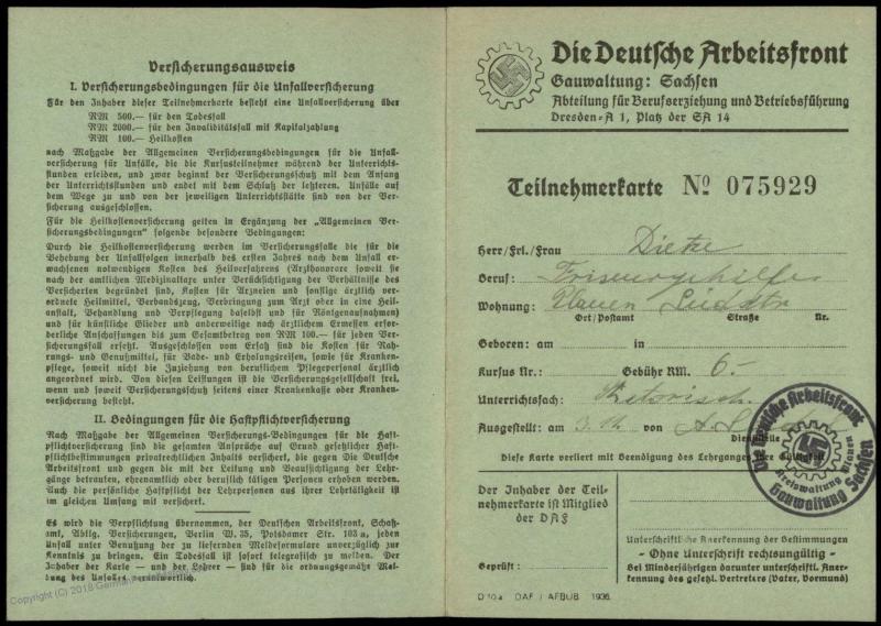 3rd Reich Germany 1937 Deutsche Arbeitsfront DAF Course Completion Dues Ca 78705