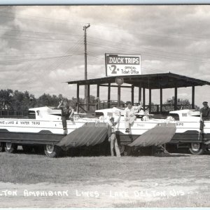 c1950s Lake Delton, Wis RPPC All Three Duck Boat & Crew Advertising Sign WI A70