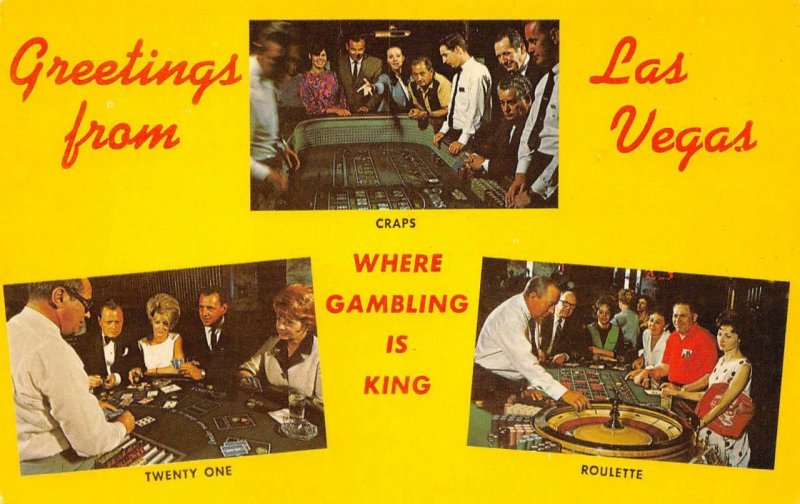 LAS VEGAS, NV Craps Twenty One Roulette Nevada Gambling Postcard ca 1960s