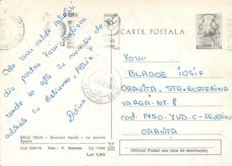 Postcard Romania Felix baths Apollo pool