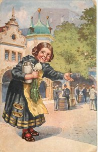 Postcard Munich Maid Girl with Beer Stein & a Turnip Invites You Germany