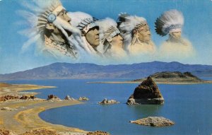 PYRAMID LAKE, NEVADA Indian Chiefs Native Americana c1950s Vintage Postcard