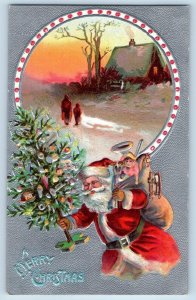 Christmas Postcard Santa Claus Sack Of Toys Winter Scene Embossed Racine MN 1910