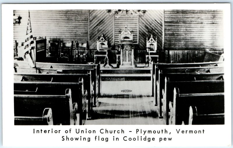 c1950s Plymouth, VT RPPC Union Church  of President Calvin Coolidge Pew PC A113