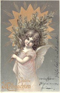 YOUNG ANGEL-FRÖHLICHE WEIHNACHTEN-HAPPY CHRISTMAS~1906 GILT EMBOSSED POSTCARD