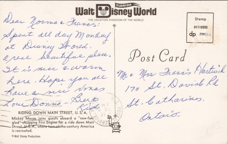 Vintage The Walt Disney World Main Street, U.S.A., Orlando, Florida Postcard