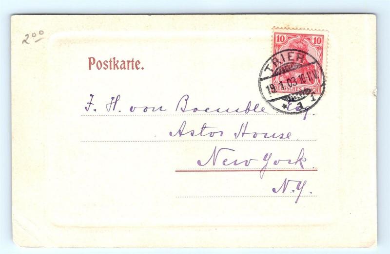 Postcard Germany Gruss aus Trier Hauptmarkt 1903 Cancel to New York USA J13