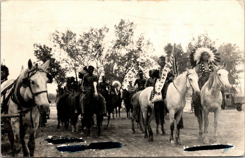 Native American Indian Horse Parage Chief Americna Flag Postcard RPPC Vintage 