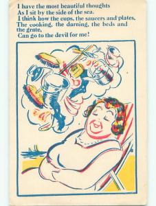 Pre-Linen comic WOMAN DREAMS CLEANING SUPPLIES CAN GO TO THE DEVIL k3623