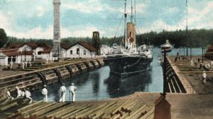 British Royal Navy HMS Arethusa w/ Sailors Dry Dock British Columbia  c.1910