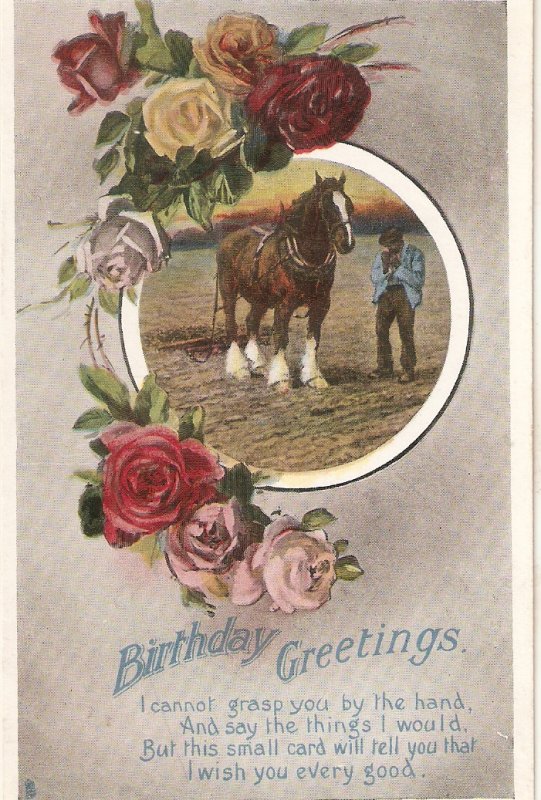 Horse. Man. Roses  Tuck Gem Glosso Birthdsy Greetings Ser. PC # R1026