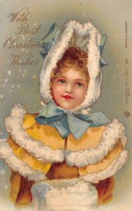 Christmas Greetings Girl in Fur Yellow Coat Vintage Postcard AA70805