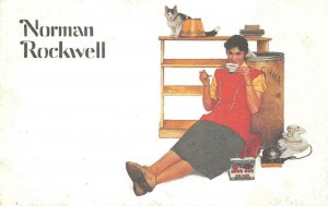 RED ROSE TEA WOMAN CAT NORMAN ROCKWELL ADVERTISING POSTCARD (1960s)