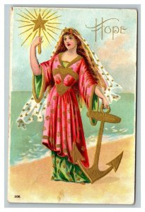 Vintage 1908 Greetings Postcard Beautiful Woman Pink Gold Dress Anchor Star