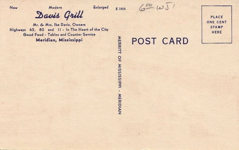 Postcard Davis Grill Meridian Mississippi MS