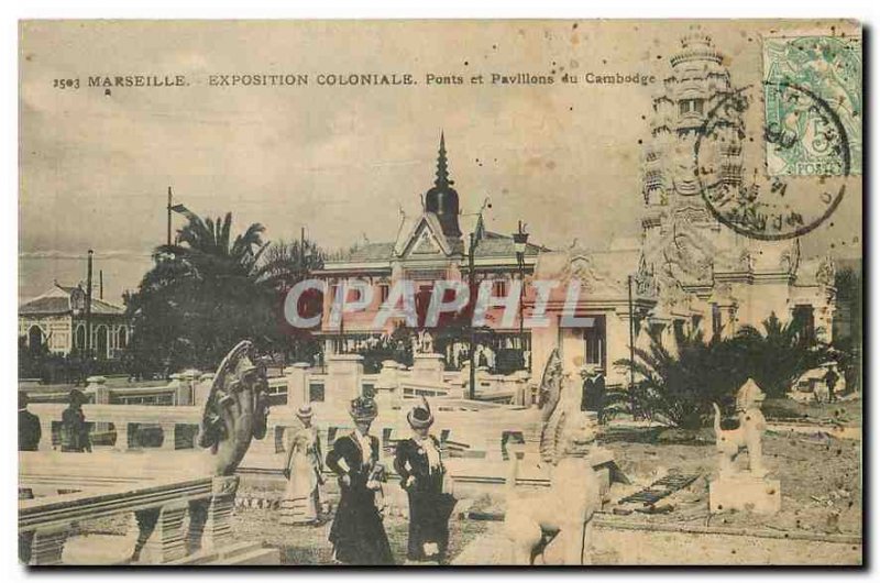 Old Postcard Marseilles Colonial Exhibition Bridges and flags of Cambodia